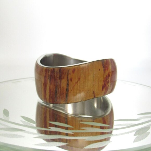 Stainless Steel & Wood Grain Inlay Banana Bark Cuff Bracelet - Picture 10 of 16